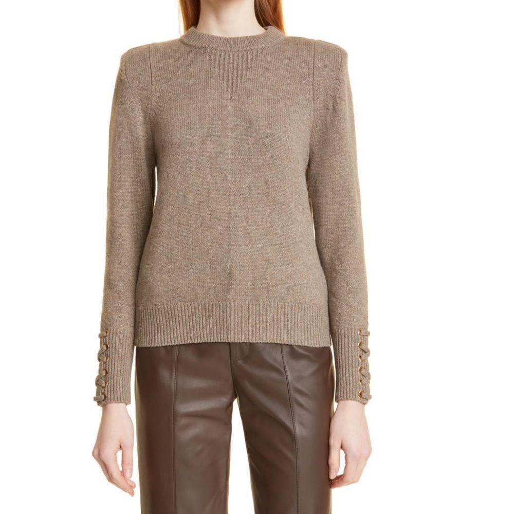 BA&SH Keane Lace-Up Cuff Wool & Cotton Sweater, Tan, Size Small, DESIGNER, NWT‎